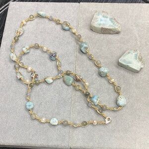 Larimar with cultured pearls twist knot Beaded Necklace 17 inches or 34 straight